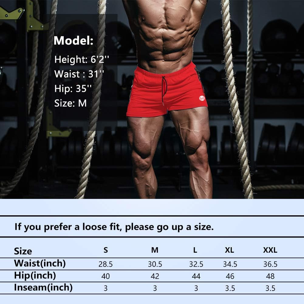 Men'S Gym Workout Shorts, 3" Bodybuilding Running Shorts, 3 Inch Athletic Gym Shorts with Zipper Pockets Red