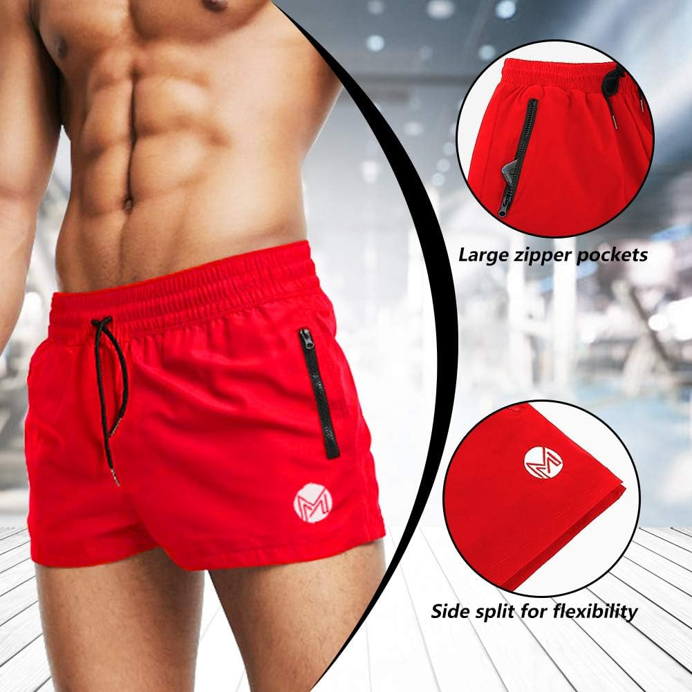 Men'S Gym Workout Shorts, 3" Bodybuilding Running Shorts, 3 Inch Athletic Gym Shorts with Zipper Pockets Red