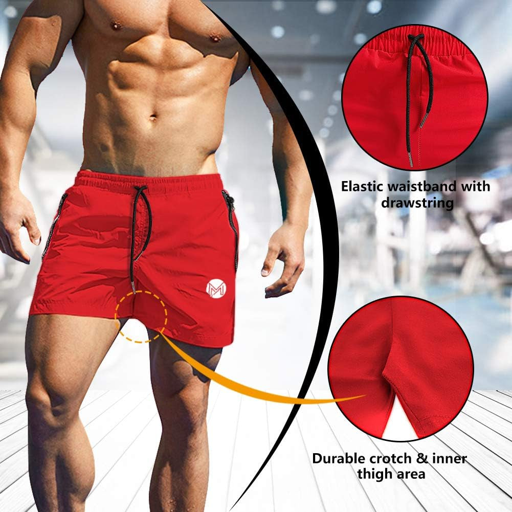 Men'S Gym Workout Shorts, 3" Bodybuilding Running Shorts, 3 Inch Athletic Gym Shorts with Zipper Pockets Red